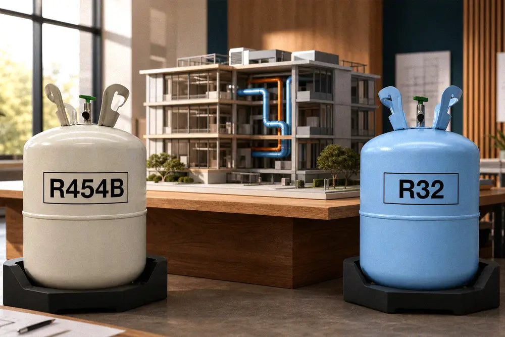 R454B and R32 refrigerant cylinders displayed in a modern HVAC efficiency design studio