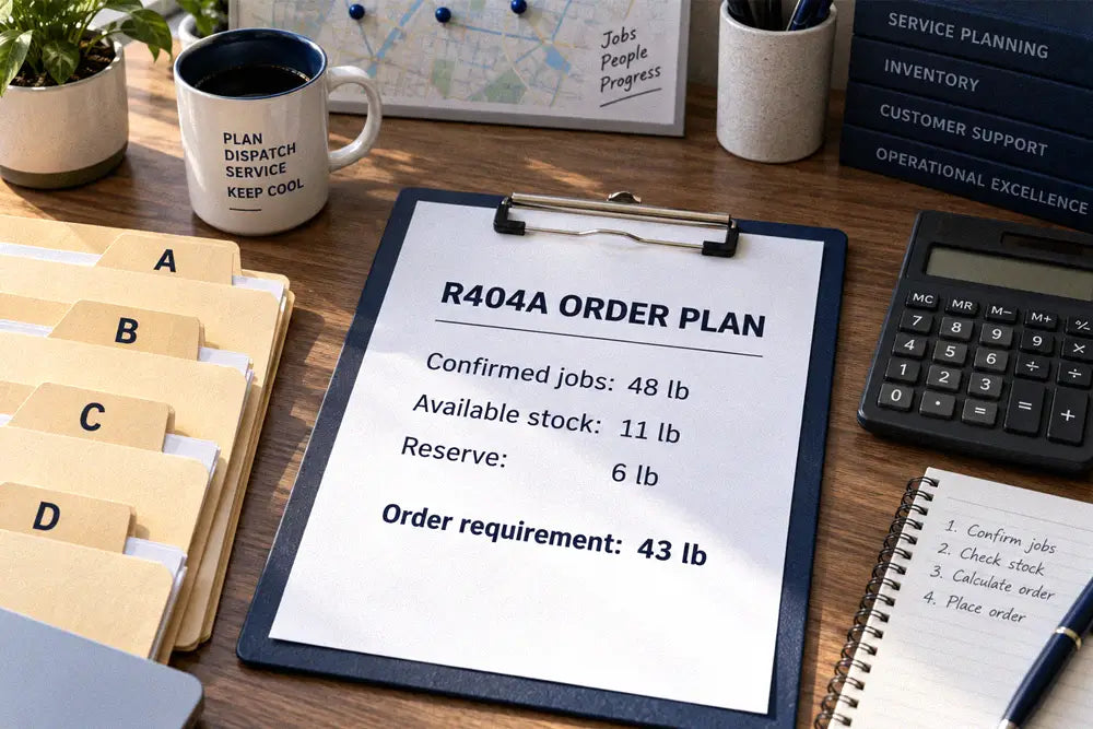 R404A order planning worksheet showing confirmed job demand, available inventory, reserve, and a 43 lb purchase requirement