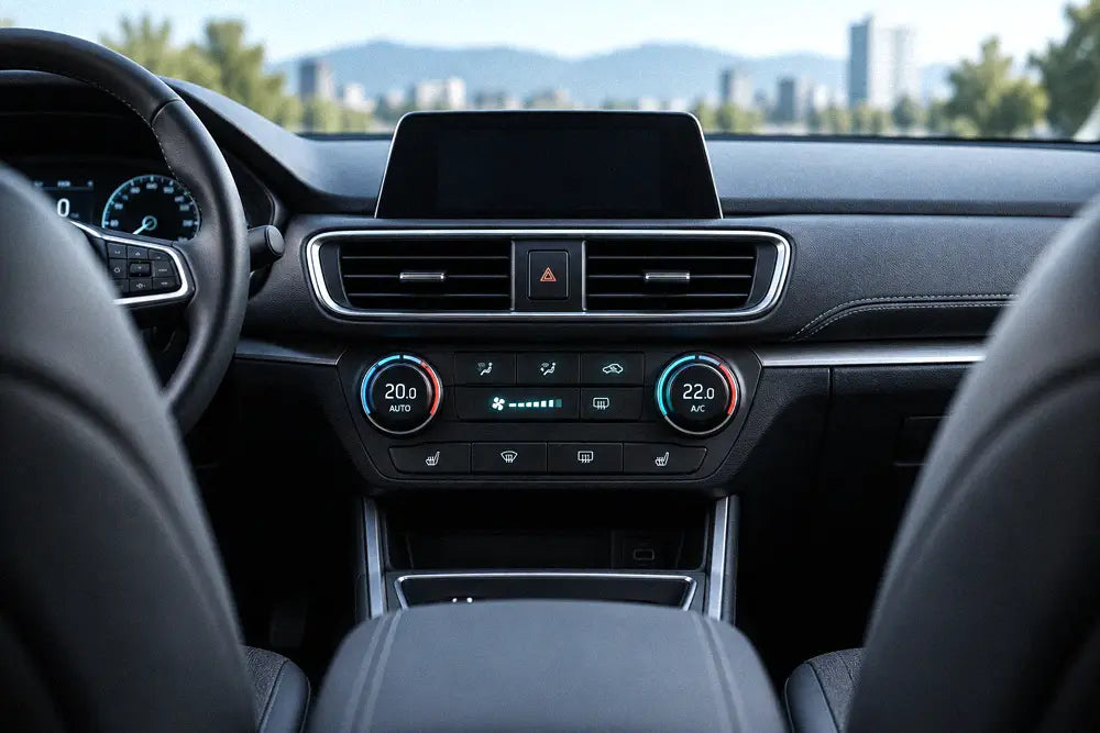 Modern vehicle dashboard and controls representing R1234yf automotive air conditioning
