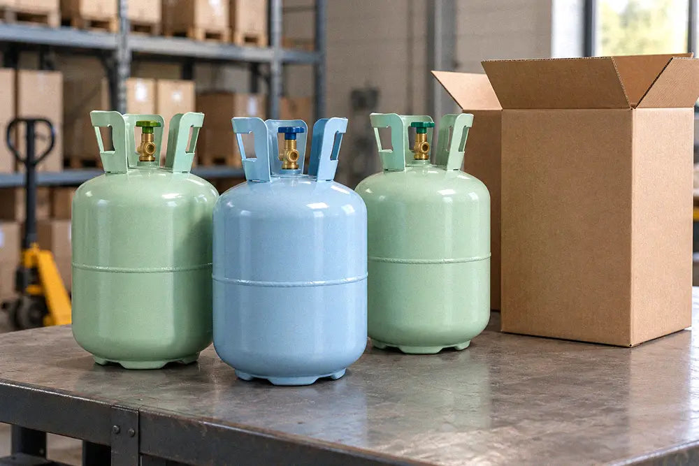Non-refillable refrigerant cylinders with plain shipping packaging in an illustrative warehouse scene
