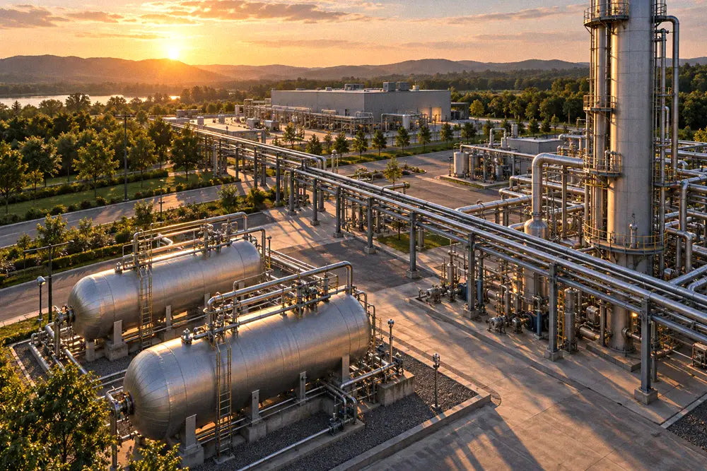 Chemical processing plant with industrial vessels and piping illustrating refrigerant production costs