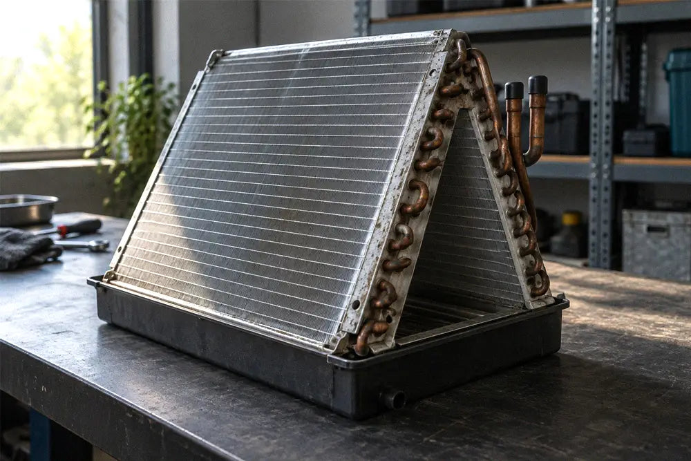 Uncased evaporator coil with aluminum fins and copper tubing on a workshop bench