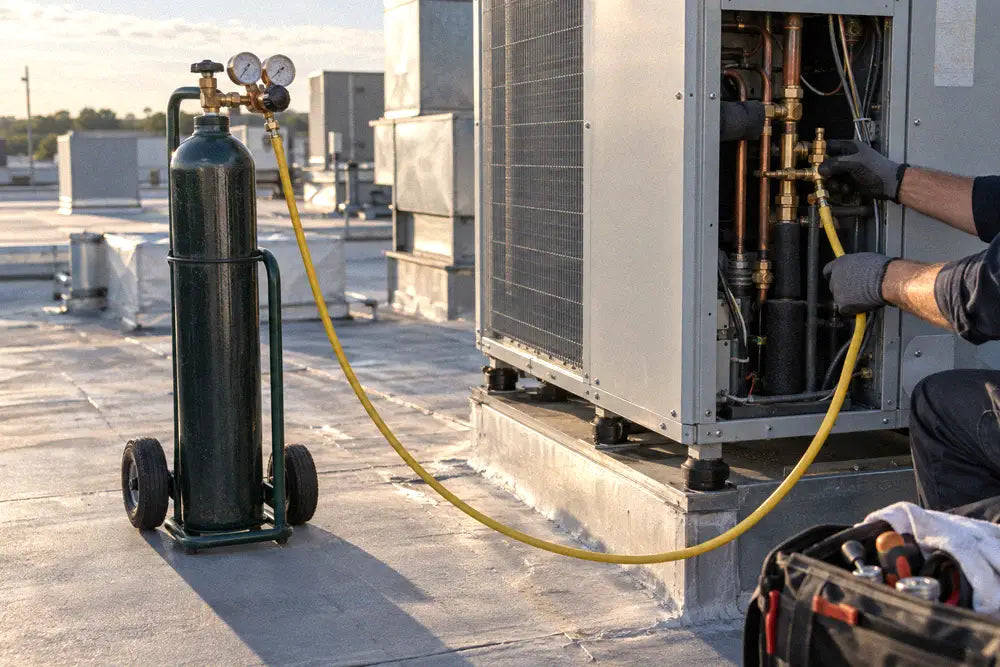Nitrogen cylinder and regulator connected to the service port of a rooftop condensing unit during a standing pressure test, with the access panel removed