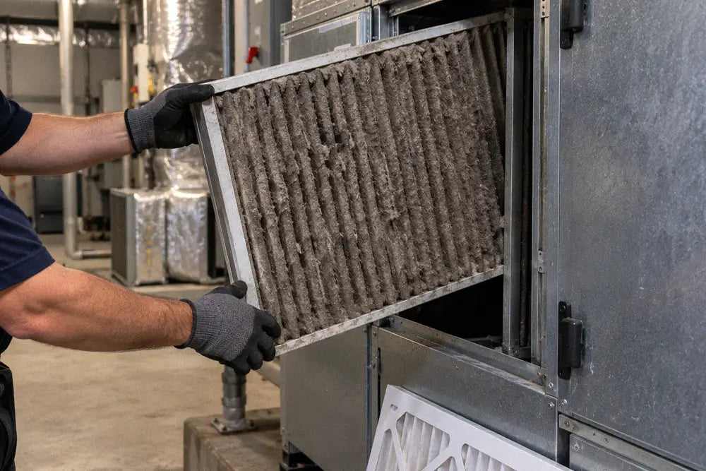 Technician's gloved hands sliding a dust-loaded pleated filter out of a commercial air handler's filter rack in a mechanical room