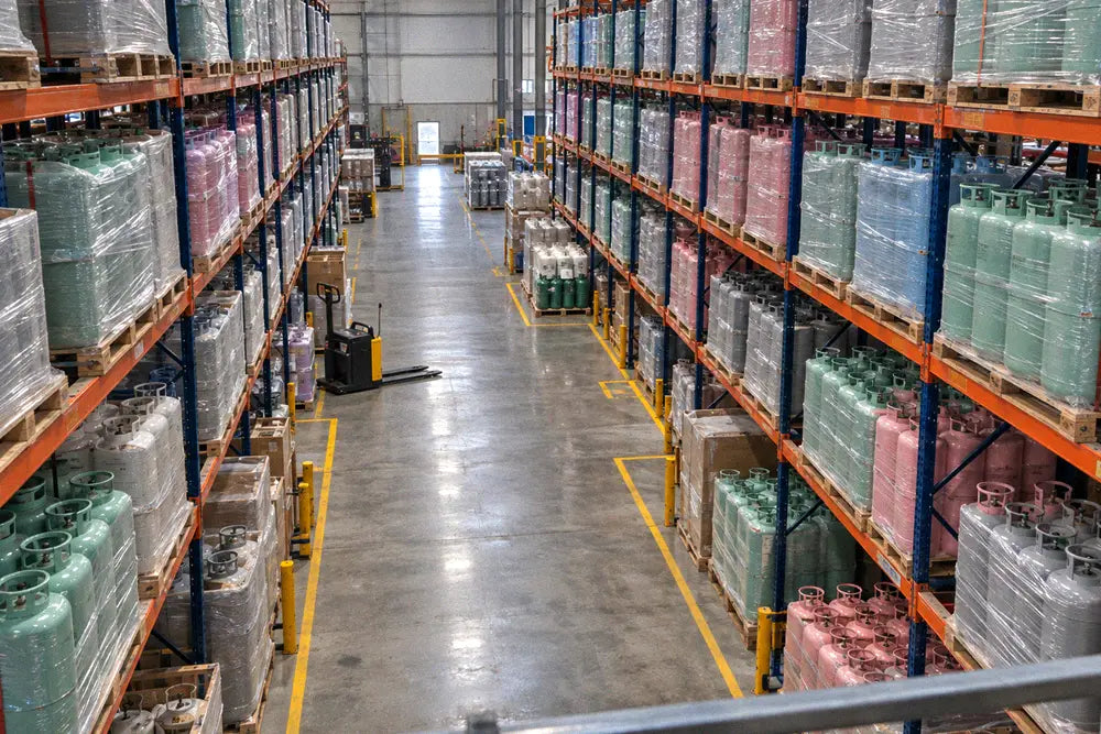 Warehouse aisle lined with pallet racking holding shrink-wrapped pallets of refrigerant cylinders