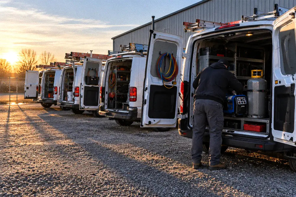 Technician loading a recovery machine into a service van in a contractor fleet yard
