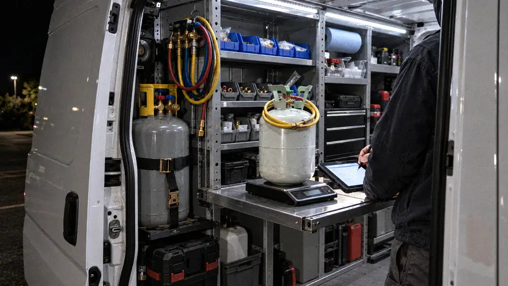 Technician recording a refrigerant charge at a service van's fold-down desk at night
