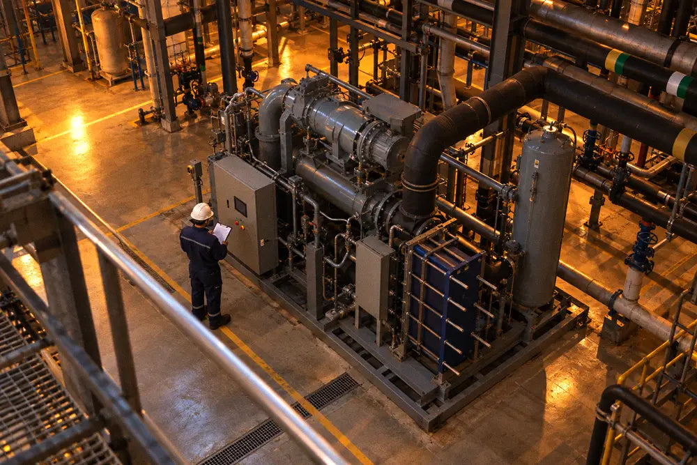 Industrial process chiller skid with screw compressor viewed from a steel catwalk