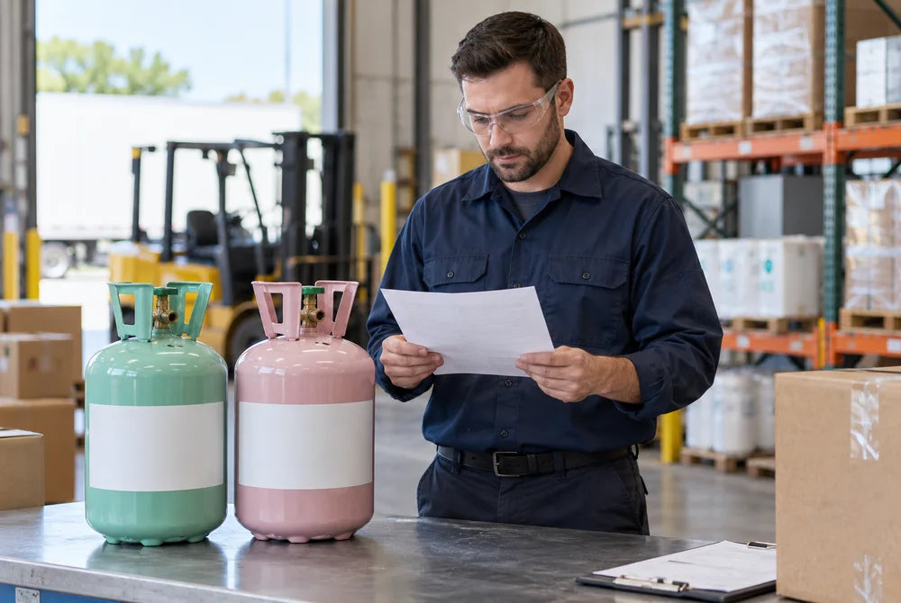 Technician reviews supplier documents beside closed generic refrigerant cylinders in a warehouse