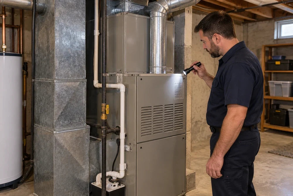 Technician reads equipment identification beside a closed furnace and separate cased evaporator coil