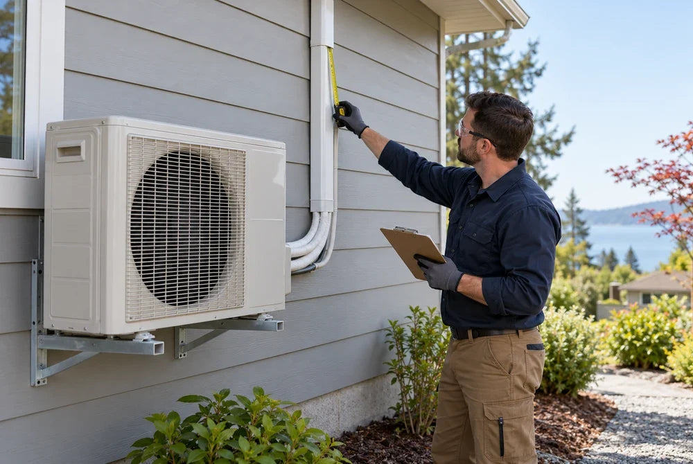 HVAC technician surveying the exterior mini-split line-set route before a refrigerant purchase
