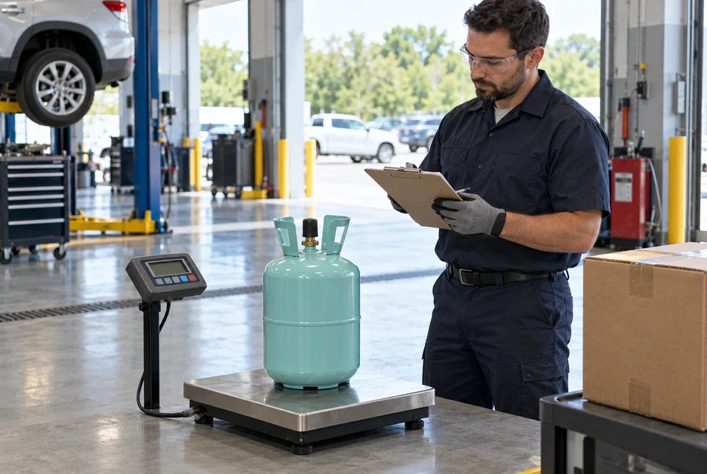 Automotive workshop technician checking an unopened refrigerant cylinder on a receiving scale
