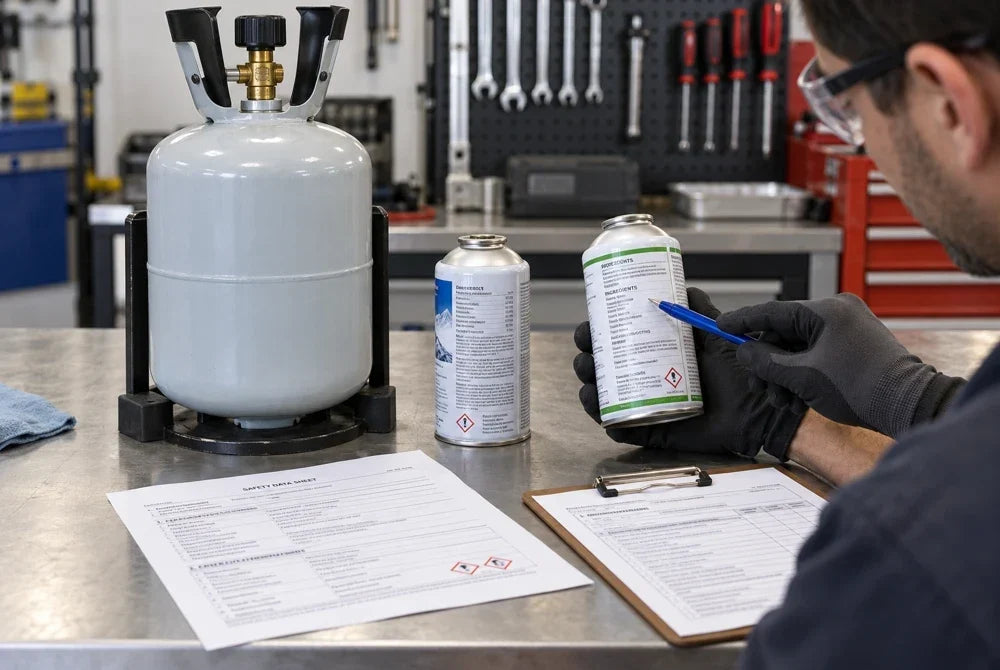 Technician comparing sealed refrigerant package labels with product documentation
