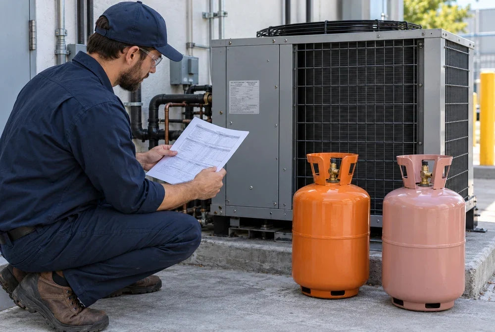 Technician reviewing equipment documentation beside a refrigeration unit and two separate cylinders
