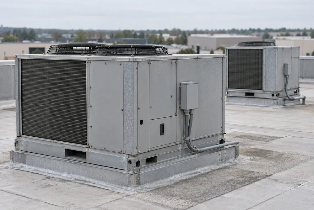 Closed commercial rooftop air-conditioning equipment in natural daylight