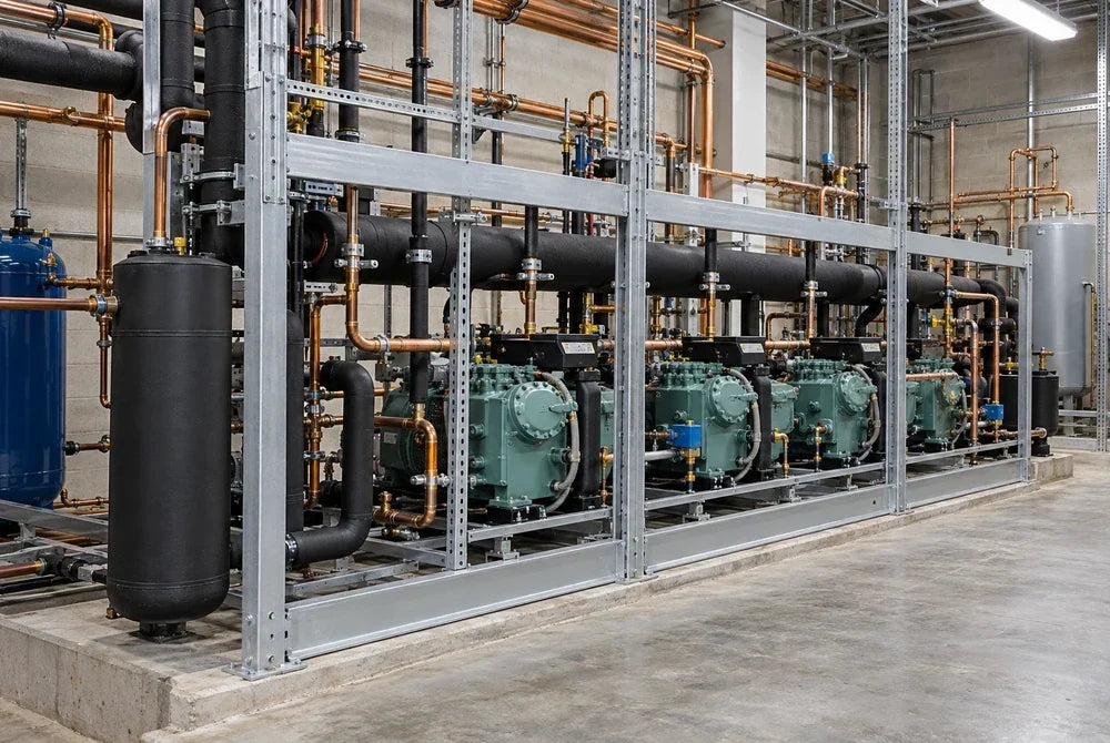 Commercial refrigeration compressor rack with orderly insulated piping in a mechanical room