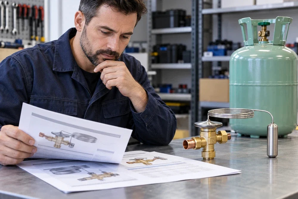 Contractor reviewing refrigeration specifications beside an unconnected expansion valve