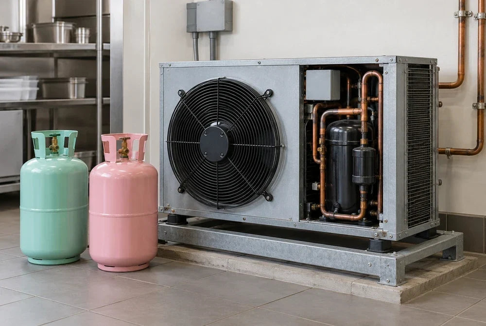 Commercial refrigeration condensing unit with two separate sealed refrigerant cylinders nearby