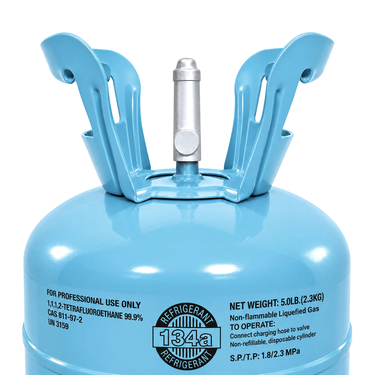 R134A refrigerant 5 lb cylinder valve cover and label close-up