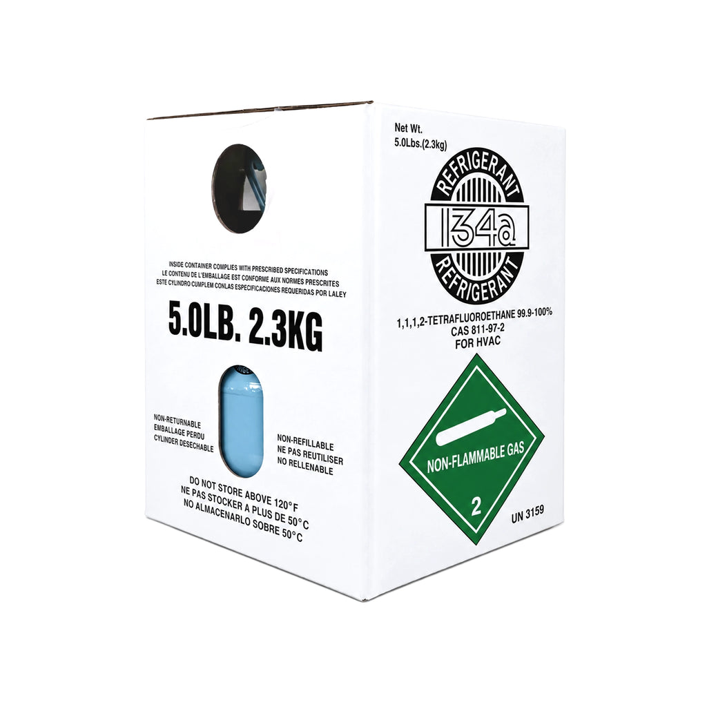 R134A refrigerant 5 lb packaging box showing front label and side viewing windows