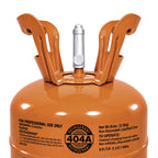 R404A refrigerant 5 lb cylinder valve cover and label close-up