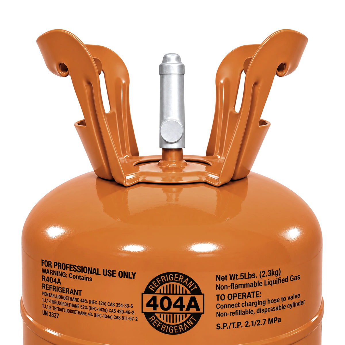 R404A refrigerant 5 lb cylinder valve cover and label close-up