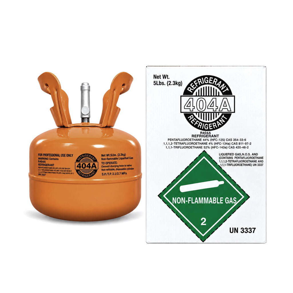 R404A refrigerant 5 lb pink cylinder with labeled packaging box