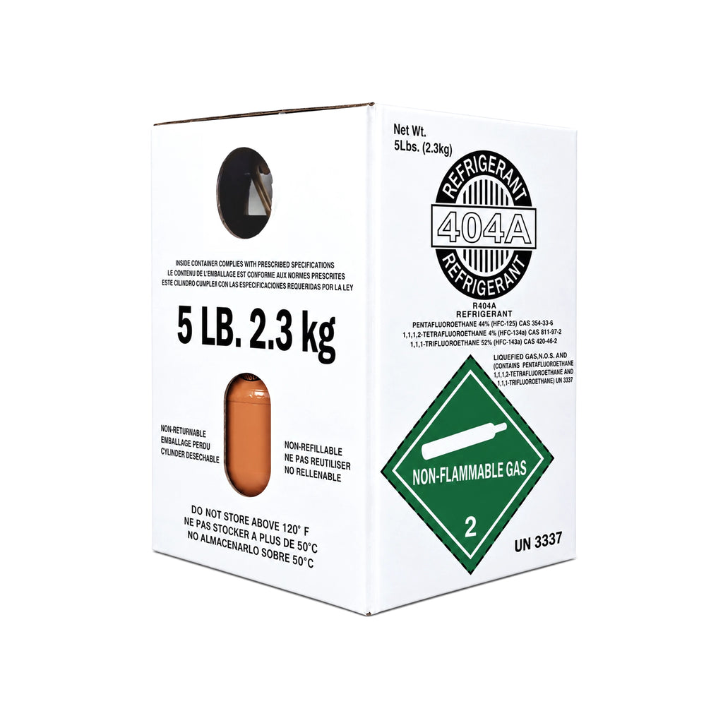 R404A refrigerant 5 lb packaging box showing front label and side viewing windows