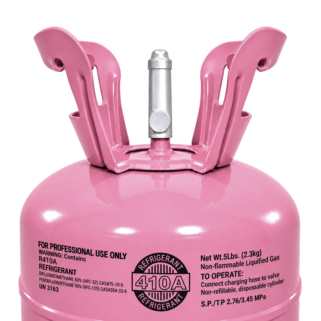 R410A refrigerant 5 lb cylinder valve cover and label close-up