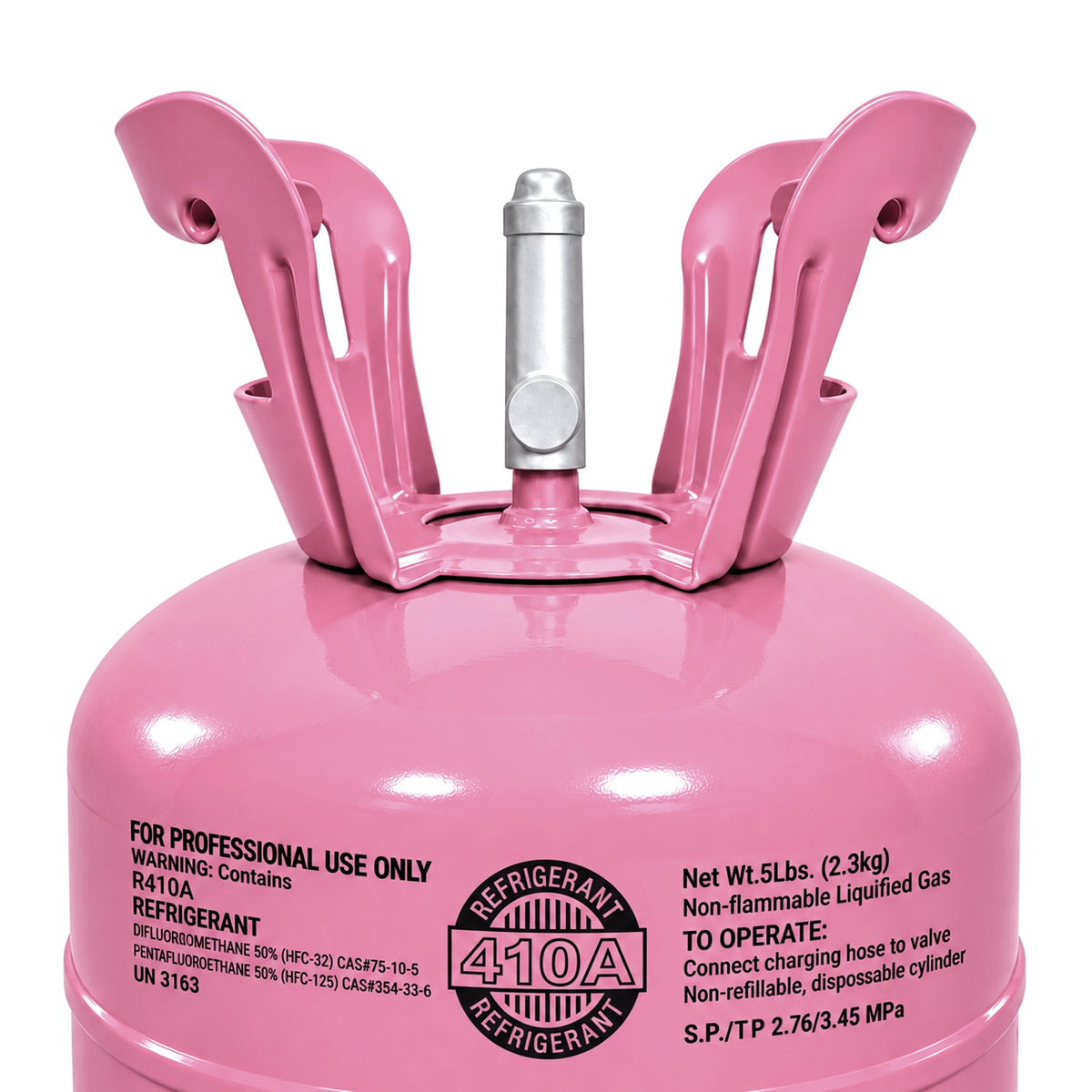R410A refrigerant 5 lb cylinder valve cover and label close-up