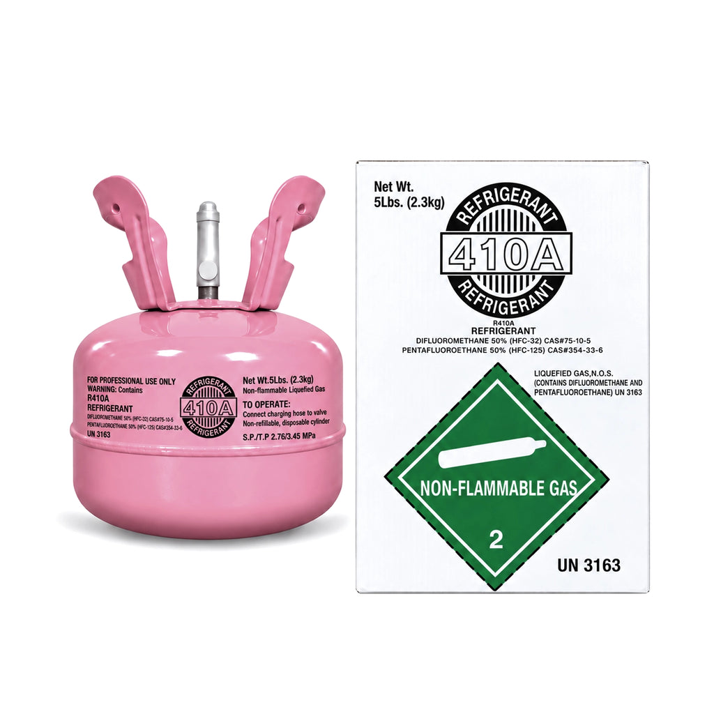 R410A refrigerant 5 lb pink cylinder with labeled packaging box