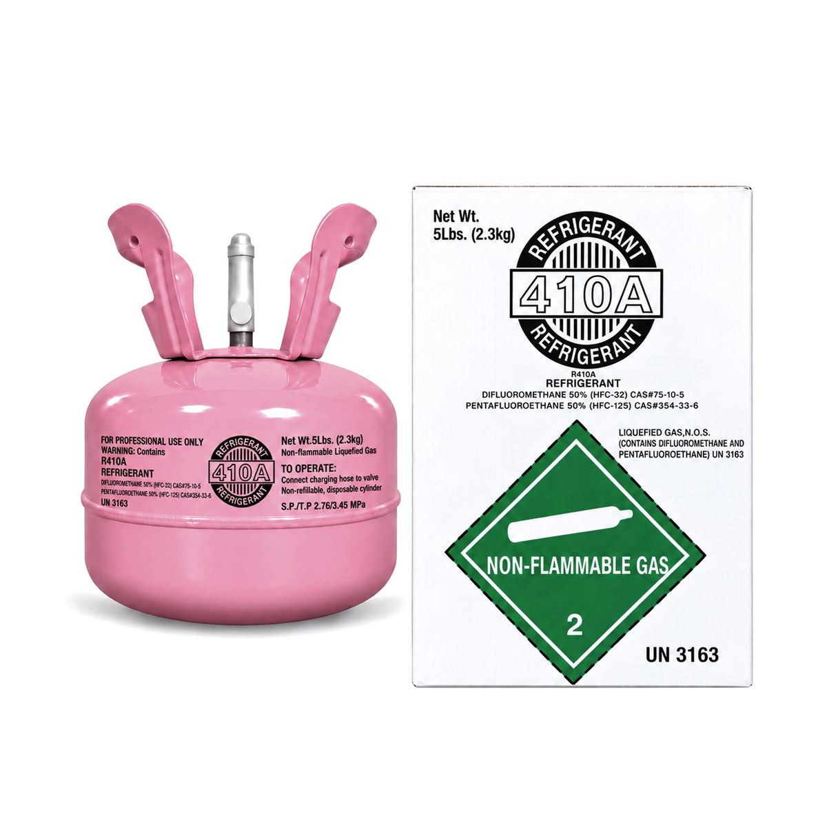 R410A refrigerant 5 lb pink cylinder with labeled packaging box