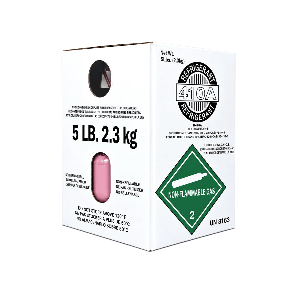 R410A refrigerant 5 lb packaging box showing front label and side viewing windows