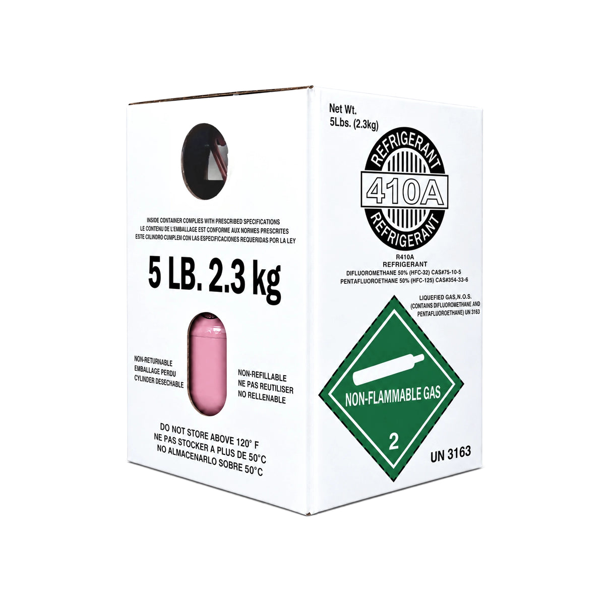 R410A refrigerant 5 lb packaging box showing front label and side viewing windows