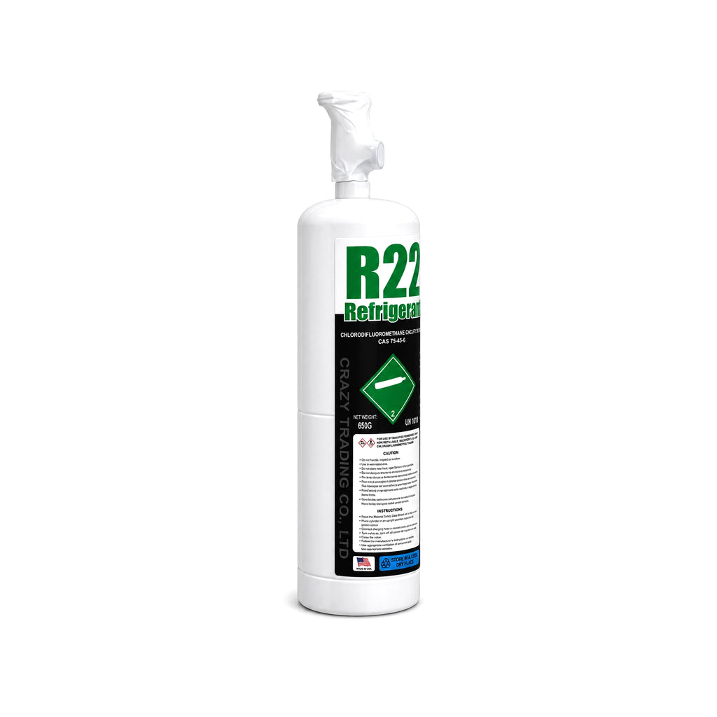 R22 refrigerant 650g cylinder, left angled view showing the label edge
