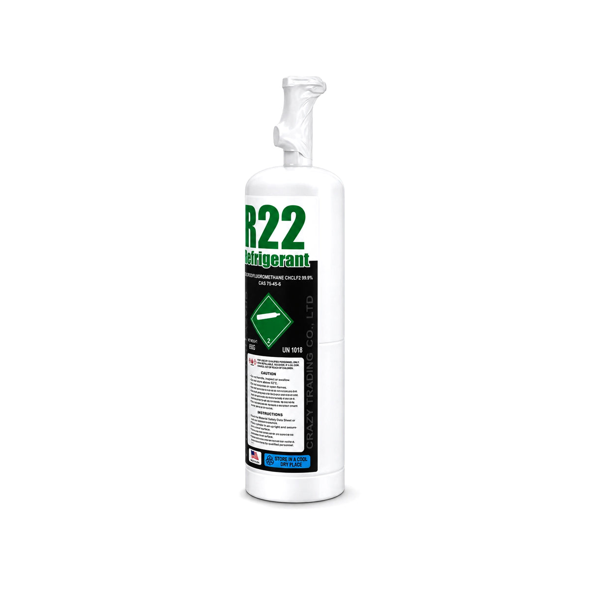 R22 refrigerant 650g cylinder, right angled view showing the white cylinder body