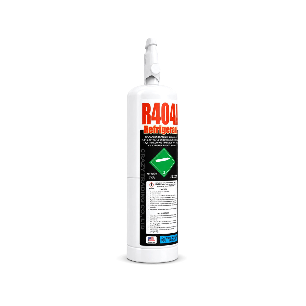 R404a refrigerant 650g cylinder, left angled view showing the label edge