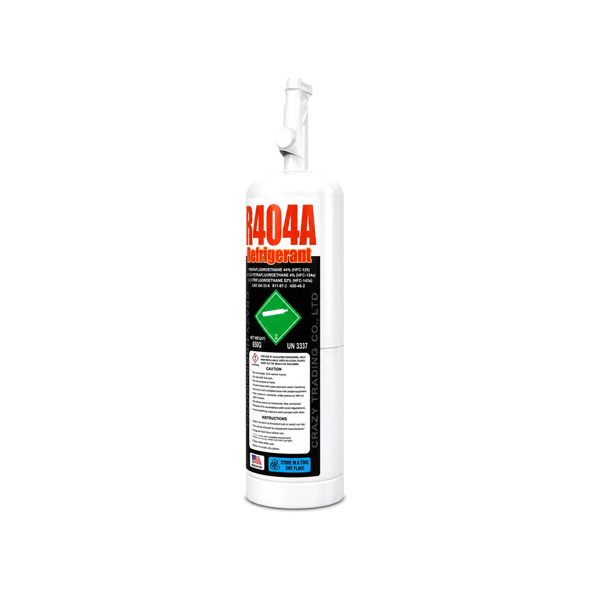 R404a refrigerant 650g cylinder, right angled view showing the white cylinder body