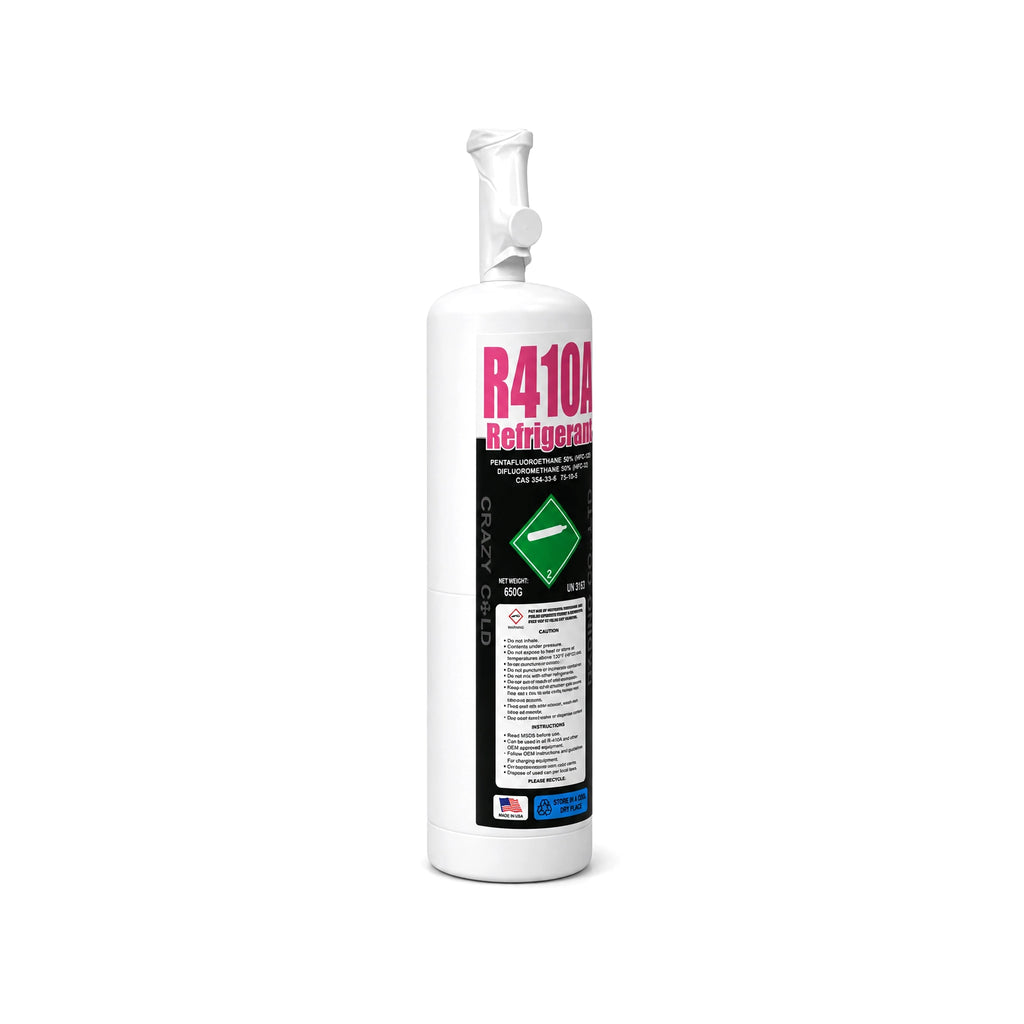 R410a refrigerant 650g cylinder, left angled view showing the label edge