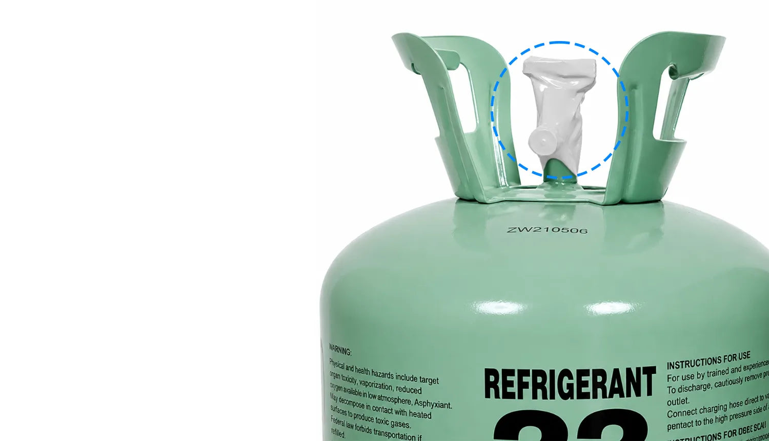 Original sealed valve cap detail on Get Freon refrigerant product
