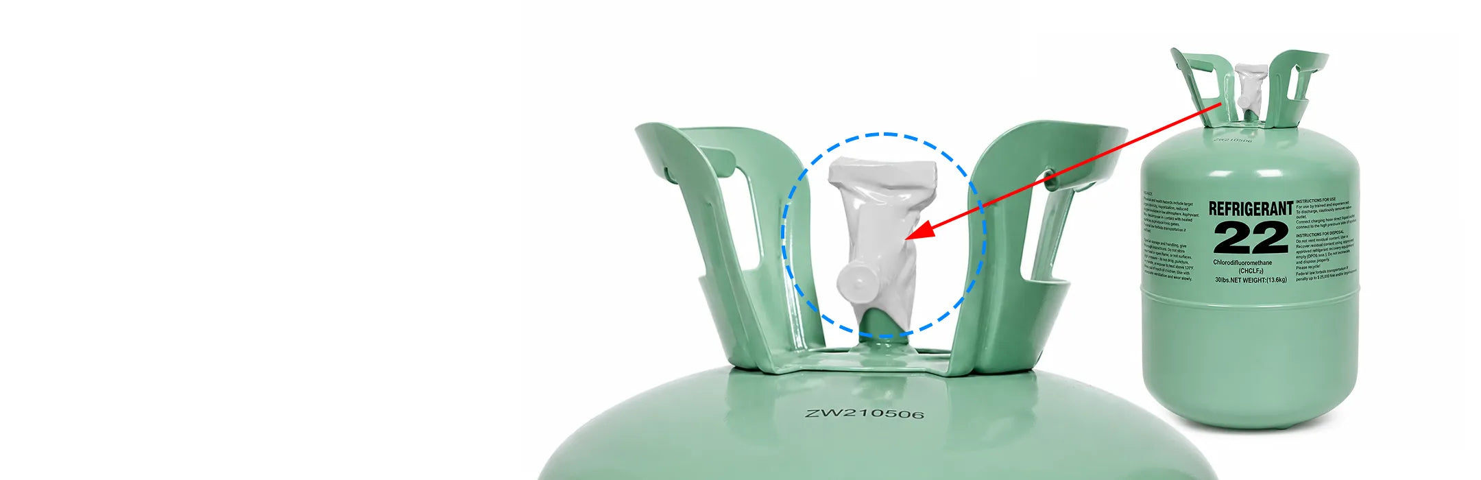 Original sealed valve cap detail on Get Freon refrigerant product
