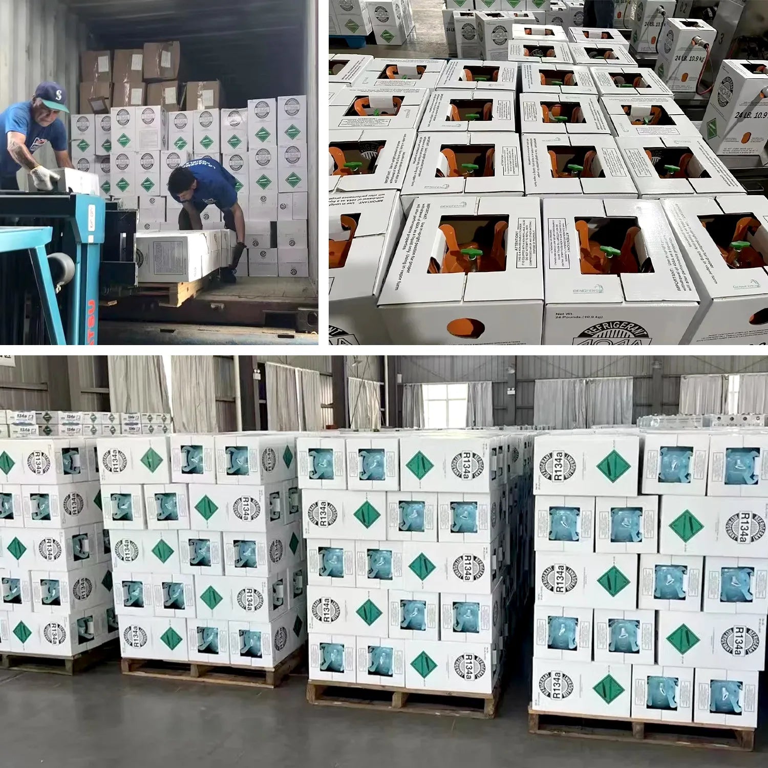 Warehouse team handling refrigerant inventory packaging and pallet storage for reliable HVAC supply fulfillment GetFreon